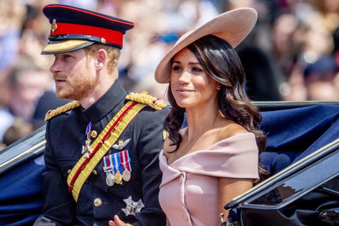 Le prince Harry et Meghan Markle lors de la traditionnelle cérémonie Trooping the Colour, le 9 juin 2018