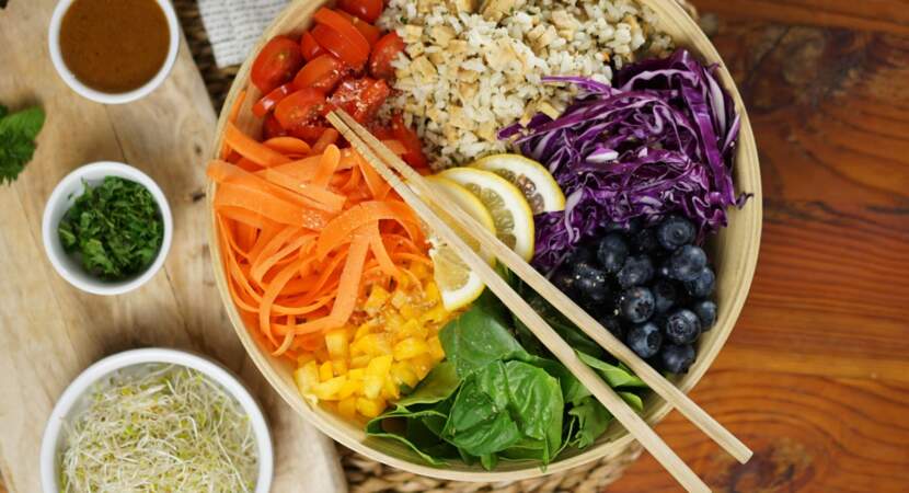 Le rainbow bowl, riz, tempeh et légumes