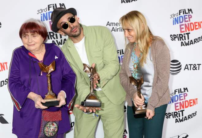 Agnes Varda, sa fille Rosalie et JR aux 33ème Independent Spirit Awards à Santa Monica le 3 février 2018.