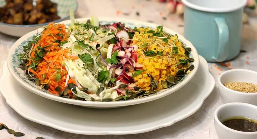 Power bowl, radis, tofu et lentilles corail