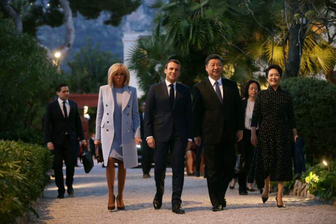Brigitte et Emmanuel Macron en compagnie de Xi Jinping et de son épouse Peng Liyuan à Beaulieu-sur-mer le 24 mars