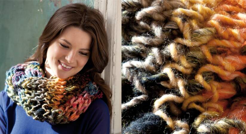 Modèle de tricot gratuit : le snood multicolore au point ajouré