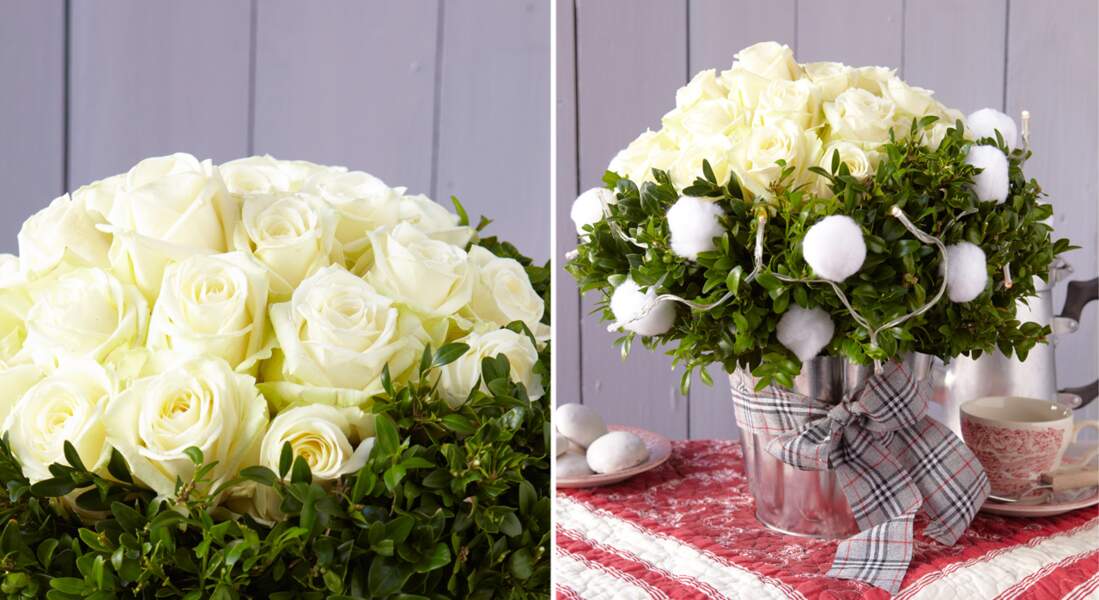 Un bouquet de roses blanches et buis pour Noël