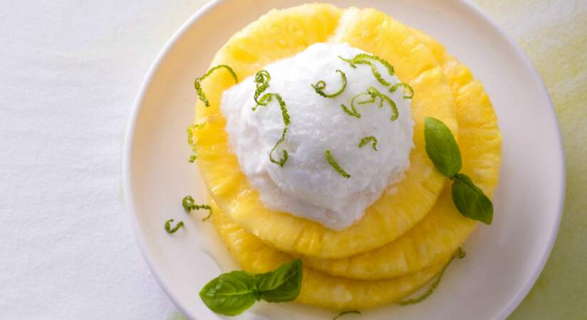 Ananas, citron vert, sorbet fromage blanc de Cyril Lignac