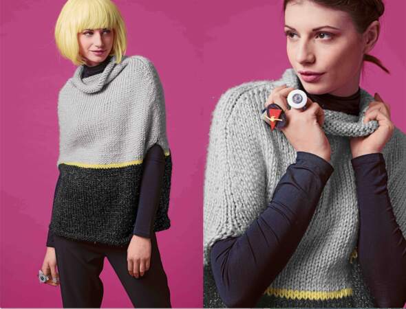Modèle à tricoter : le pull cape bicolore