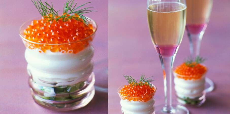 Champagne rosé au litchi et œufs de saumon à la crème