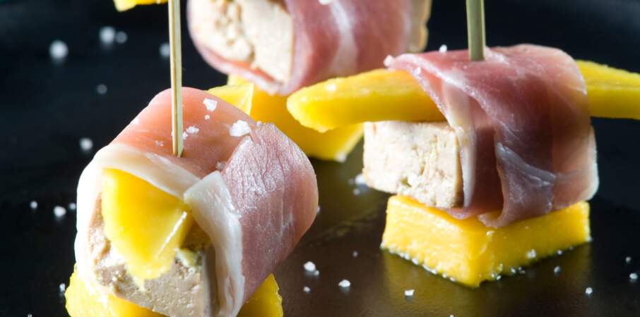 Douceurs de foie gras, mangue et jambon cru