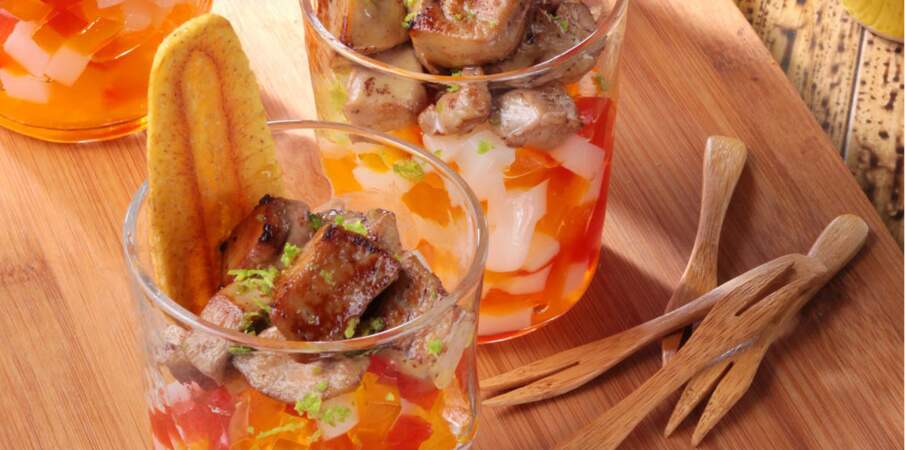 Verrines exotiques aux dés de foie gras poêlés