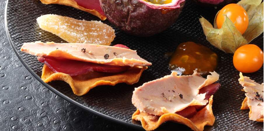 Chips de mangue au magret et foie gras de canard
