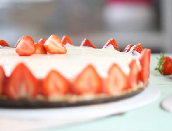 Un cheesecake fraises-rhubarbe en vidéo