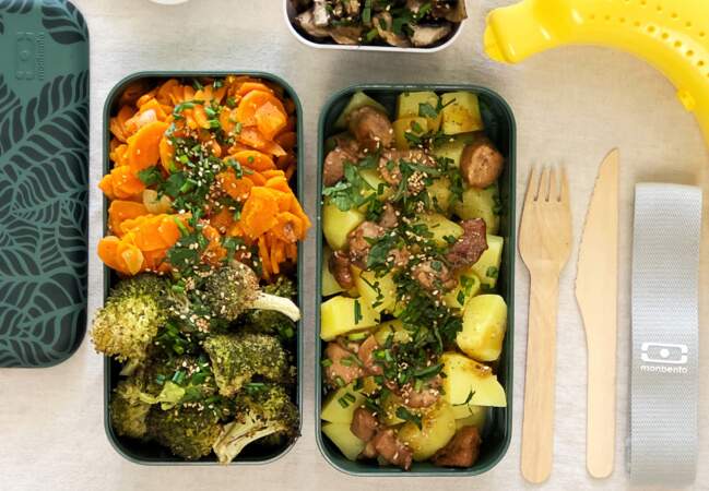 Pomme de terre et poulet grillé, poêlée de carotte, brocoli et champignons rôtis