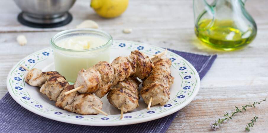 Brochettes libanaises de poulet fermier d’Auvergne à la crème d'ail