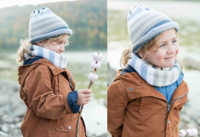 Modèle de tricot gratuit : le bonnet et son snood rayés pour enfant