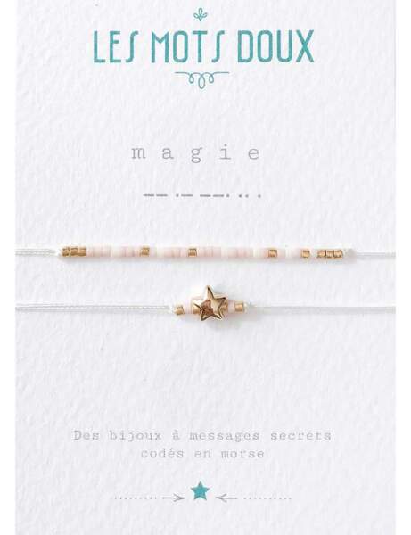 Le bracelet code morse “Magie” à la taille ajustable au fermoir en perle coulissante plaquée or ou argent chez  Les Mots Doux