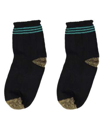 Les chaussettes Astan Black en coton ajouré, triple bande en lurex vert, talon et bout en fil lurex chez Polder