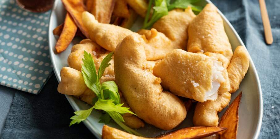 Fish and chips à la bière & frites de patates douces