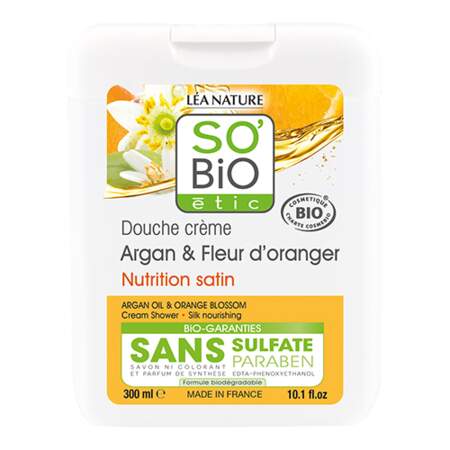 Douche Crème Argan & Fleur d'Oranger Nutrition Satin, So'Bio Etic, flacon 300 ml, prix indicatif : 3,85 €