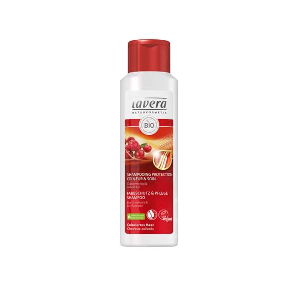 Shampooing Protection Couleur & Soin, Lavera, flacon 250 ml, prix indicatif : 5,99 €