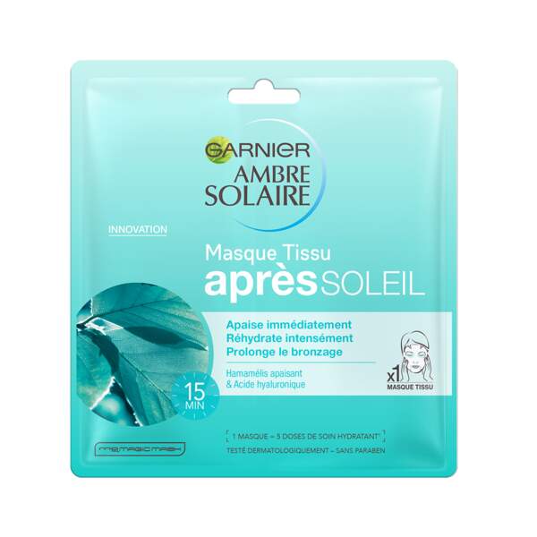 Ambre Solaire - Masque Tissu Après-Soleil, Garnier, prix indicatif : 3,25 €
