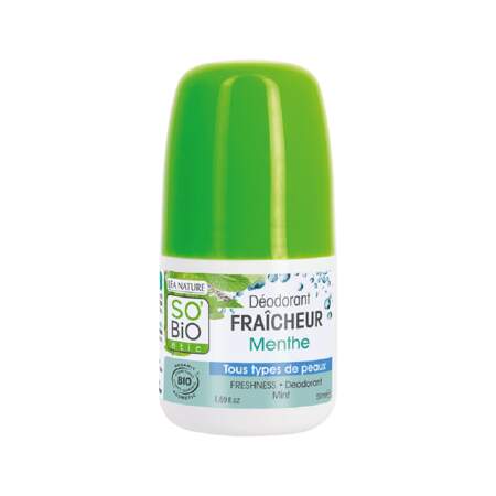Déodorant Fraîcheur - Menthe, SO'Bio Étic, roll-on 50 ml, prix indicatif : 5,60 €
