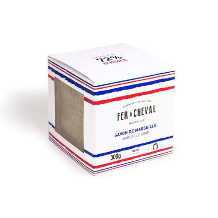 Bleu Blanc Rouge - Savon de Marseille Cube, Fer a Cheval, cube 300 g, prix indicatif : 7,50 €