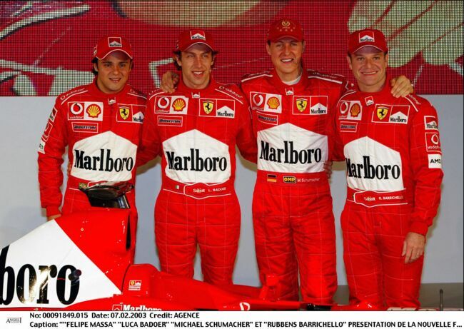 ""Felipe Massa, Luca Badoer, Michael Schumacher et Rubbens Barrichello - Présentation de la nouvelle Ferrari F1 2003 GA - le 7 février 2003.