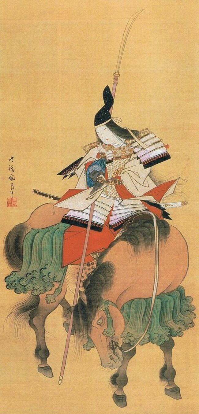 Tomoe Gozen sur son destrier, tenant sa naginata (arme d'hast féminine par tradition).