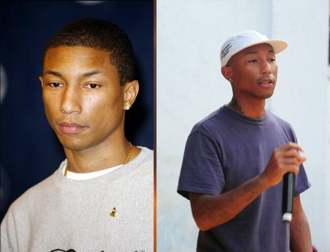 Pharrell Williams à 30 ans (à gauche) et à 47 ans (à droite)