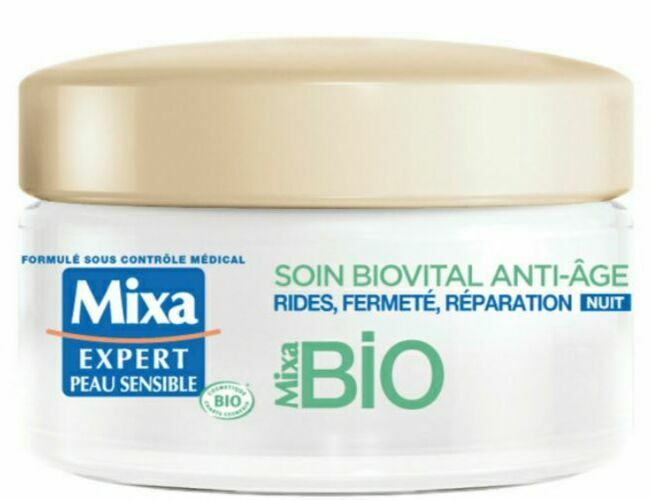 Soin Biovital anti-âge nuit, Mixa Bio, 8,50€, 50ml.