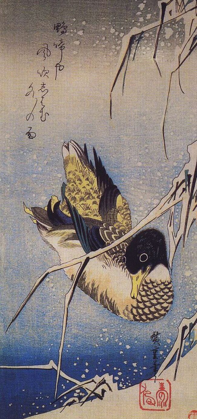 © Estampe "Roseau sous la neige et canard sauvage" peinte par Hiroshige.