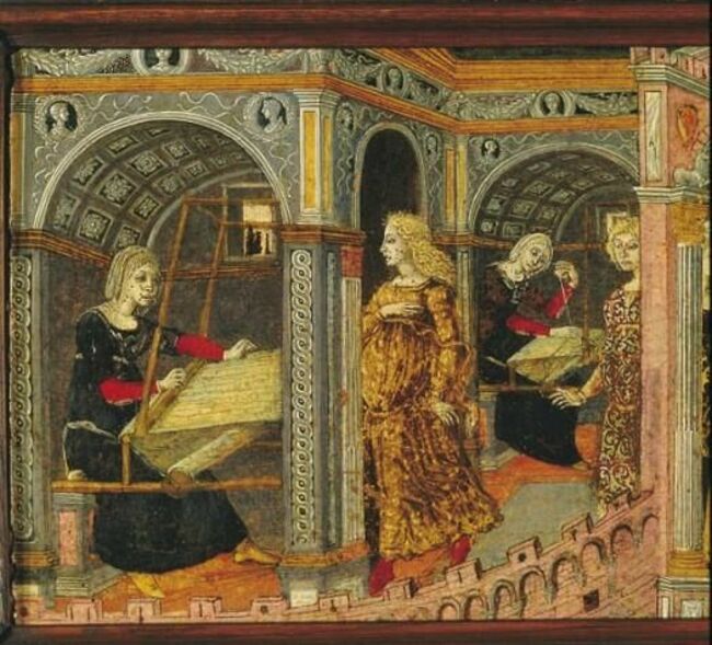 Pénélope devant son métier à tisser, peinture sur panneau de coffre, XVe siècle, Musée national de la Renaissance, Ecouen.