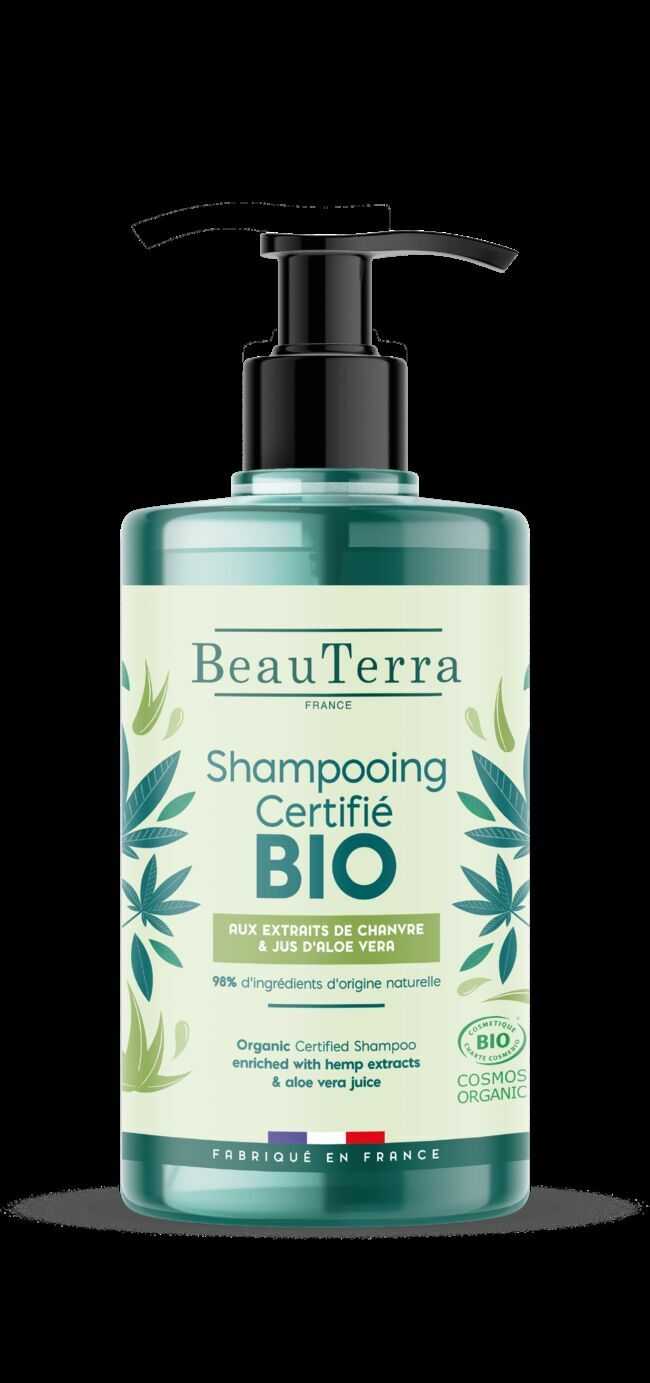 Shampooing au chanvre et à l’aloe vera certifié bio, BeauTerra, 9,45€.