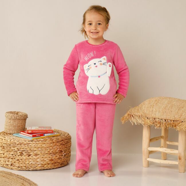 Pyjama enfant fille manches longues maille polaire unie motif "chaton" placé