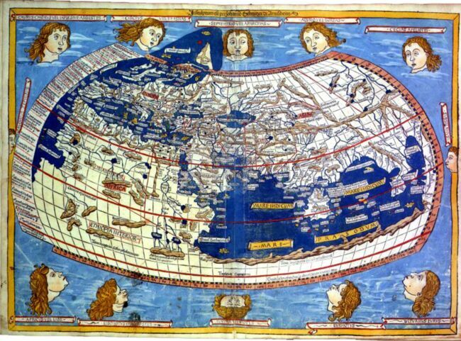 Carte en projection sphérique de N. Germanus (1482), extraite de Géographie de C. Ptolémée.