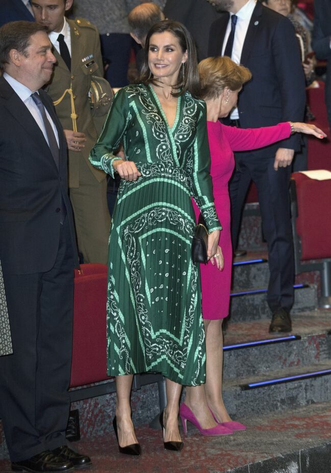 Letizia d'Espagne dans sa robe Sandro verte en 2018