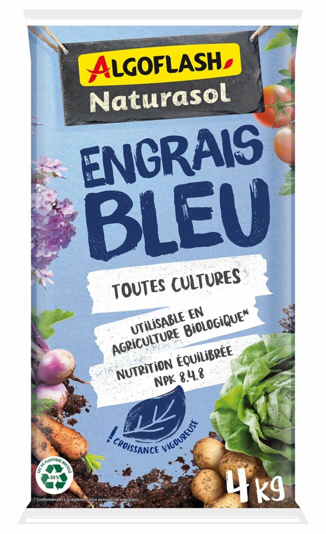 Engrais bleu, 4 kg, utilisable en agriculture biologique. Algoflash, 25,15 €.