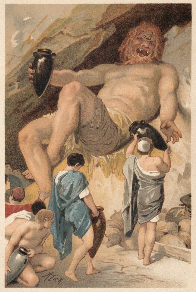 Ulysse donne du vin au cyclope Polyphème et l'enivre. Scène de la mythologie grecque. Lithographie d'après un original d'Alexander Zick, publié en 1897.