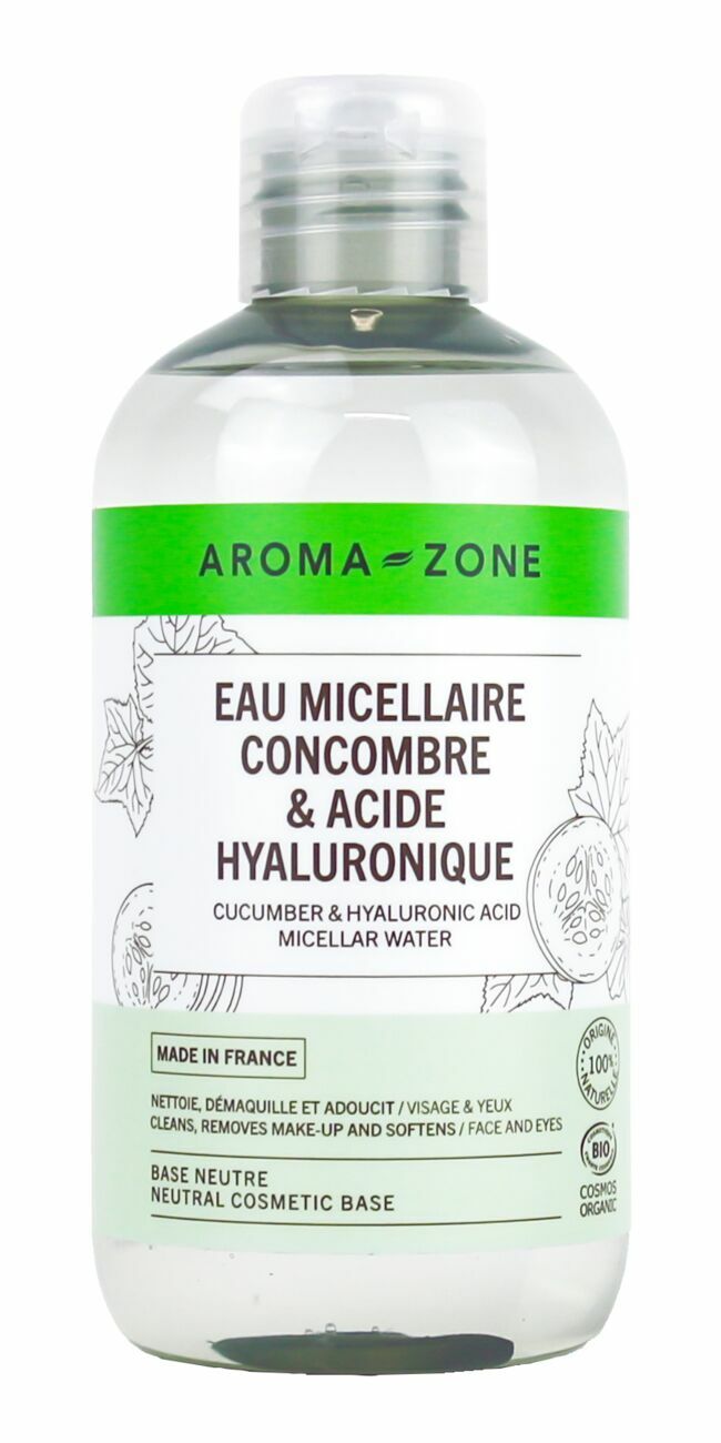 Eau micellaire au Concombre & à l’Acide Hyaluronique, Aroma-Zone, 5,95€.