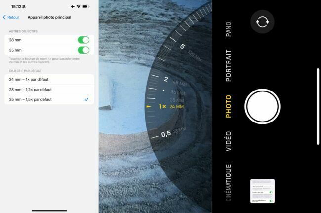 La roue de zoom de l’interface de l’appareil photo d’iOS permet de prendre la mesure du nombre de focales proposées.