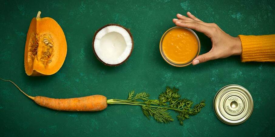 Soupe orange carotte, courge, coco en conserve