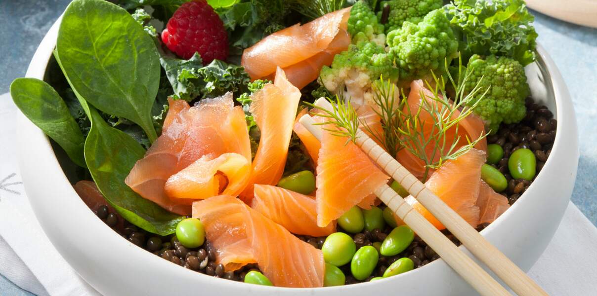 Poke bowl au saumon fumé et légumes d’hiver