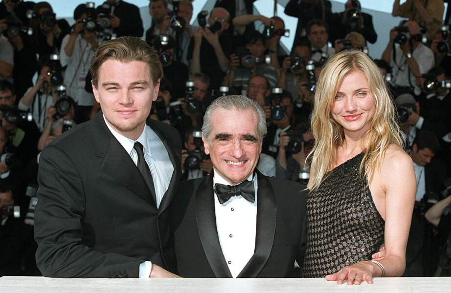 Leonardo DiCaprio aux cotés de son réalisateur fétiche, Martin Scorsese, et de Cameron Diaz, réunis pour le photocall du film "Gangs of New York", au 55ème Festival de Cannes, le 21 ami 2002.