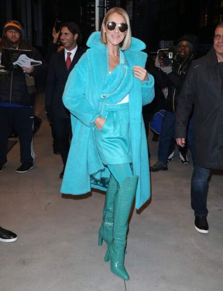 Céline Dion en total look turquoise avec cuissardes et sac banane assorti