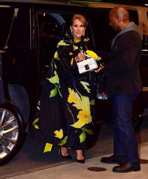 Céline Dion avec un manteau long fleuri noir et jaune