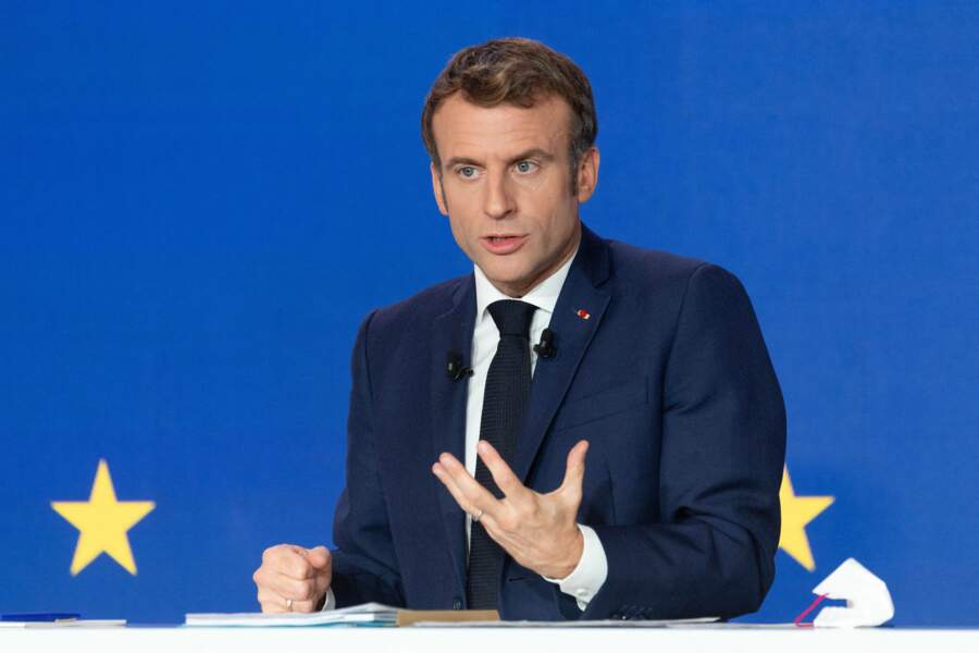 Emmanuel Macron donne une conférence de presse à l'Elysée pour présenter la présidence française du Conseil de l'Union européenne, qui prendra effet le 1er janvier 2022 pour six mois, à Paris, le 9 décembre 2021. 