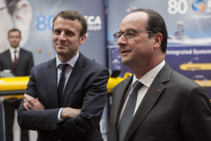 Le ministre de l'Économie de l'Industrie et du Numérique, Emmanuel Macron, et le président de la République, François Hollande, lors d'une présentation de l'événement "La Nouvelle France industrielle", au palais de l'Elysée, à Paris, le 23 mai 2016. 