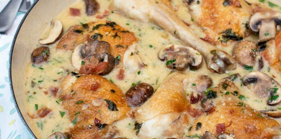 Cuisses de poulet fermier d’Auvergne aux champignons et au parmesan