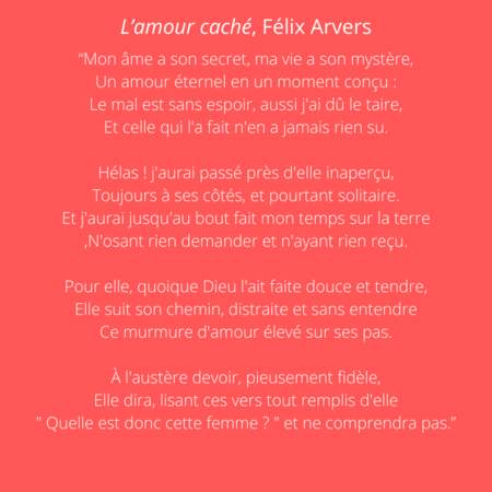"L’amour caché", extrait  du recueil "Mes heures perdues" Félix Arvers (1833)