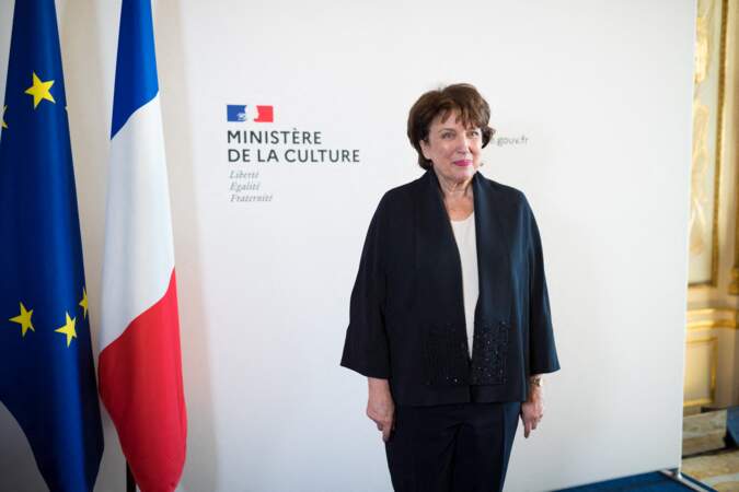 Roselyne Bachelot lors de la passation de pouvoirs avec Franck Riester au ministère de la Culture, le 6 juillet 2020