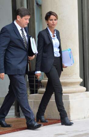 Patrick Kanner, ministre de la Ville, de la Jeunesse et des Sports et Najat Vallaud-Belkacem, nouvelle ministre de l'Éducation nationale, de l'Enseignement supérieur et de la Recherche, lors de la sortie du conseil des ministres du nouveau gouvernement de Manuel Valls, à l'Elysée, le 27 août 2014.